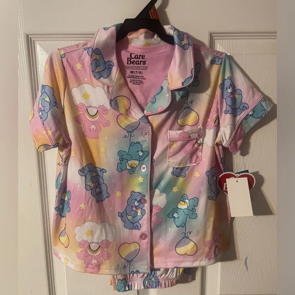 NWT Care Bears Girls Pajama Set Size‎ M 7/8 Rainbow Hearts 2 Piece Sleepwear